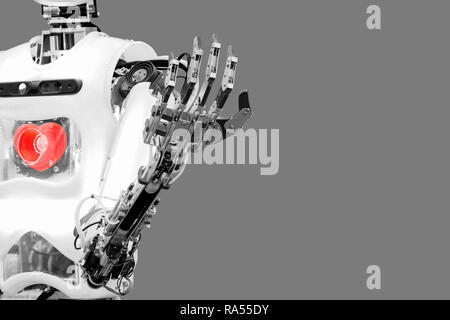Artificial intelligence that installs the human heart to have mind and feel virtual human in concept idea, isolated on gray background. Stock Photo