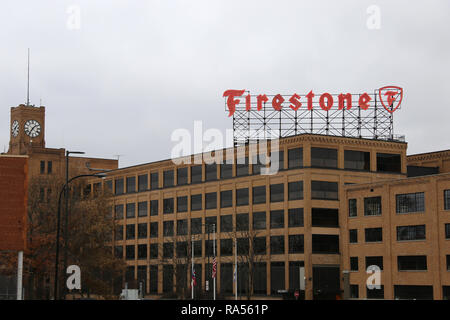 AKRON, OHIO/USA – December, 29: The large rooftop sign of the old Firestone Tire Company in Akron, Ohio Stock Photo
