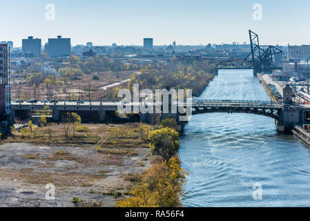 Aerial view of bridges on the Chicago River Stock Photo