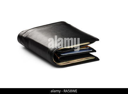 Close-up view of black leather men's wallet with credit cards and banknotes - luxury, isolated on white background Stock Photo