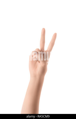 partial view of woman showing number 2 in sign language isolated on white Stock Photo