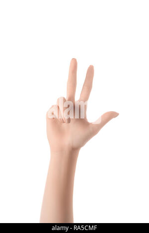 partial view of woman showing number 3 in sign language isolated on white Stock Photo