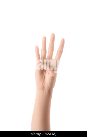 partial view of woman showing number 4 in sign language isolated on white Stock Photo