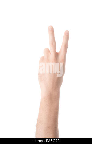 partial view of man showing number 2 in sign language isolated on white Stock Photo