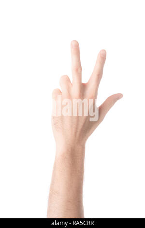 partial view of man showing number 3 in sign language isolated on white Stock Photo