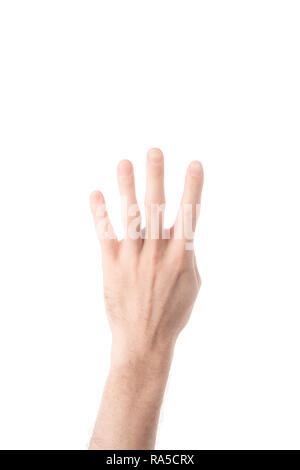 partial view of man showing number 4 in sign language isolated on white Stock Photo