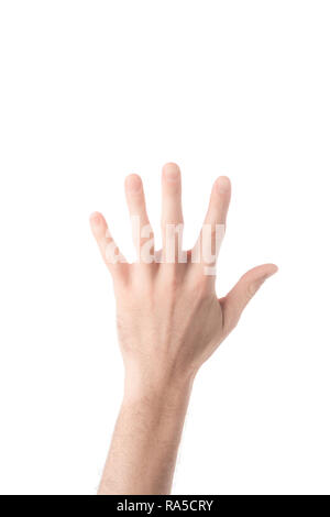 partial view of man showing number 5 in sign language isolated on white Stock Photo