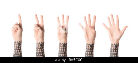 collage of tattooed man showing numbers with hands isolated on white Stock Photo