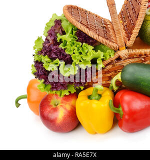 vegetables and fruits in a basket isolated on white background Stock Photo