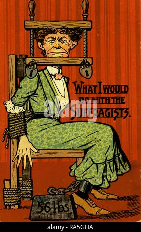 Anti-suffrage, color postcard, depicting a female suffragist, wearing a green Edwardian dress, tied, manacled, and being tortured with a vise-like compression device attached to her head, with the text 'What I would do with the suffragists, ' published for the British market, 1900. () Stock Photo