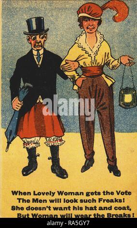 Anti-suffrage, color postcard, depicting a female suffragist, wearing trousers and holding a purse, walking with her husband, who wears bloomers and a skirt, with the text 'When lovely woman gets the vote the men will look such freaks! She doesn't want his hat and coat, but woman will wear the breaks!' published for the British market, 1900. () Stock Photo