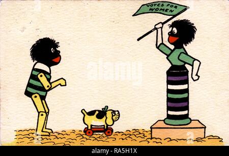 Anti-suffrage, color postcard, depicting a golliwog or golly-doll mother, wearing suffrage colors of green, purple, and white, waving a pennant with the text 'Votes for Women, ' as a golly boy and a toy dog on wheels look on, published for the British market, 1900. () Stock Photo