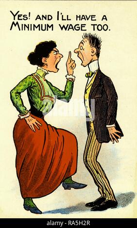 Anti-suffrage, color postcard, depicting a female suffragist, wearing a green blouse and long, red skirt, demanding to be paid for performing housework by shouting at a man with raised hair, with the text 'Yes, and I'll have a minimum wage too, ' published for the British market, 1900. () Stock Photo
