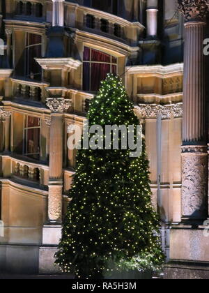 Close-up of a tall fir tree decorated in fairy lights standing in front of the illuminated façade of Waddesdon Manor, Christmas 2018 Stock Photo