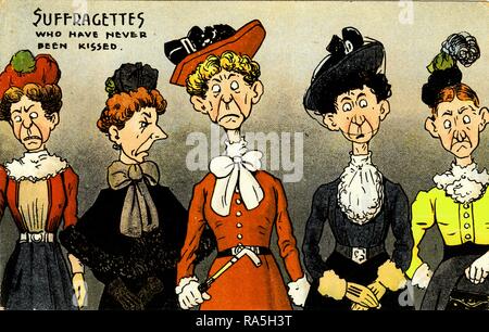Anti-suffrage, color postcard, depicting a group of suffragists as sour-tempered and unattractive old maids, with the text 'Suffragettes who have never been kissed, ' published for the British market, 1900. () Stock Photo