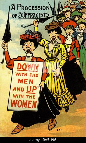 Anti-suffrage, color postcard, depicting a 'Procession of Suffragists, ' wearing Edwardian clothing, shouting, and waving umbrellas, the leader wears a sign with the text 'Down with the men and up with the women, ' published for the British market, 1900. () Stock Photo