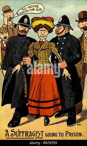 Anti-suffrage, color postcard, depicting female suffragist, wearing a red and yellow, Edwardian, shirt and jacket, being led away to prison, while a heckler in the background admonishes her to 'Go home and wash the kid, ' captioned 'A Suffragists Going to Prison, ' published for the British market, 1900. () Stock Photo