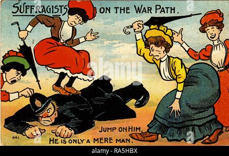 Anti-suffrage, color postcard, with a satirical illustration depicting a group of women, wearing Edwardian clothing, deriding an English bobby or policeman and attacking him with their umbrellas, with the title 'Suffragists on the War Path!' and the caption 'Jump on him, he is only a mere man, ' published for the British market, 1900. () Stock Photo