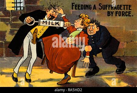 Anti-suffrage, color postcard, with a satirical illustration, depicting an adult woman, wearing a red dress, behaving in a childish manner, while a policeman, and a man wearing a suit and spats, force-feed her with a syringe labeled 'milk, ' captioned 'Feeding a Suffragette, ' published for the British market, 1900. () Stock Photo