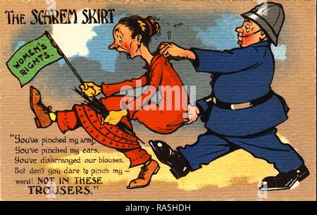 Anti-suffrage, color postcard, with an illustration of a portly bobby or English policeman, manhandling a woman who wears a fashionable, red, Edwardian-era, 'harem skirt' ensemble (baggy trousers tapered at the ankle) and holds a green pennant with the text 'Women's Rights, ' titled 'The Scarem Skirt, ' with a satirical text in the lower left corner, published for the British market, 1910. () Stock Photo