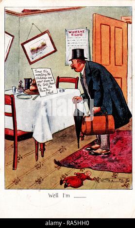 Anti-Suffrage, color postcard, depicting a man, wearing a hat and coat and carrying an umbrella and case, returning from work to find a note on the empty dinner table with the text 'Gone to a meeting, the children are next door and the cold meat is in the pantry, Ethel' with a Women's Rights statement and pictures in disarray on the wall, and a doll on the floor, captioned 'Well I'm    , ' published for the British market, 1900. () Stock Photo