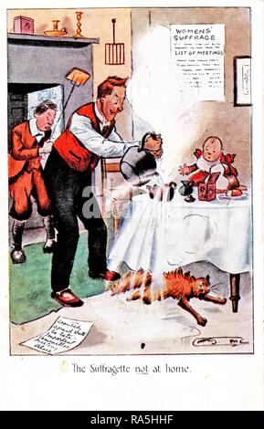 Anti-Suffrage, color postcard, depicting a red-haired man, wearing a red vest and black trousers, spilling water as he attempts to fill a teapot, while a scared cat runs away and a baby and young son watch in dismay, with a list of suffrage meetings on the wall, and a note from an absent wife in the lower left foreground, captioned 'The Suffragette not at home, ' published for the British market, 1900. () Stock Photo