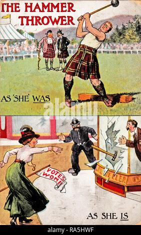 Anti-Suffrage, color postcard, in two registers, depicting (top) a man wearing a tartan kilt and sleeveless top, swinging a hammer in a Scottish hammer-throwing competition, captioned, 'The Hammer Thrower As 'She' Was, ' and (bottom) a suffragist, wearing a green Edwardian skirt, white blouse, and large hat, gleefully hurling a hammer through a glass shop window, captioned 'As She Is, ' published for the British market, 1900. () Stock Photo
