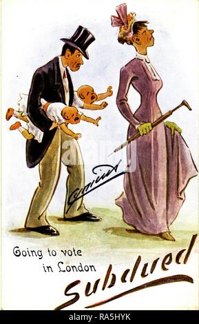 Anti-Suffrage, color postcard, depicting an unattractive, suffragist mother, wearing a purple, white, and green Edwardian dress (the official colors of the Women's Social and Political Union) holding an umbrella, and walking haughtily in front of her submissive husband, who carries a crying child in each arm, captioned 'Going to Vote in London, Subdued, ' published for the British market, 1900. () Stock Photo
