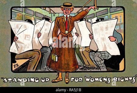 Anti-Suffrage, color postcard, depicting an unattractive, female suffragist, wearing a brown, Edwardian jacket and skirt, with a red tie and boater hat, unhappily standing on public transportation while two rows of seated men ignore her, captioned 'Standing Up For Women's Rights, ' published for the British market, 1907. () Stock Photo