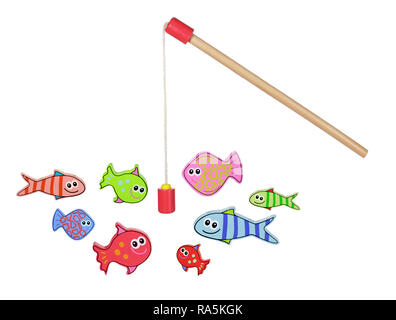 Wood fishing game - catch the fish with the magnetic rod Stock