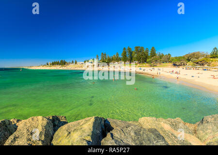 Cottesloe Beach in Western Australia: white sand and calm turquoise waters. The Perth's most famous beach, Indian Ocean. Summertime in blue sky. Copy space. Stock Photo