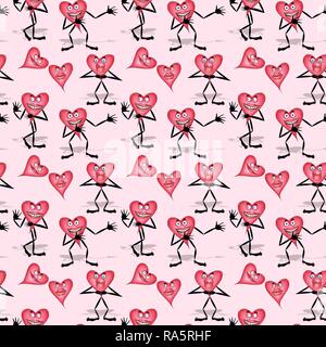 Wallpaper, wrapping paper, seamless pattern, hearts with faces, arms and legs, pink background, Germany Stock Photo