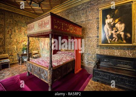 Historical bedroom, Chenonceau Castle, Château de Chenonceau, Chenonceaux Department, Loire, Indre-et-Loire, Centre Region Stock Photo