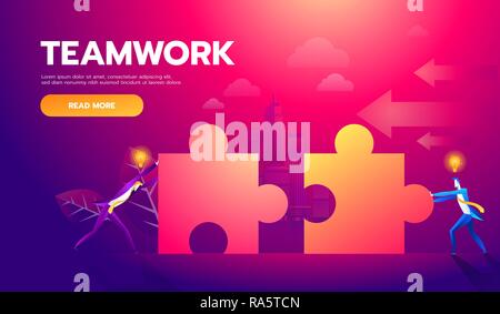 Business teamwork concept. Two businessmen connecting puzzle elements. Vector illustration flat style design metaphor. Combining two pieces. Symbol of working together, cooperation, partnership Stock Vector