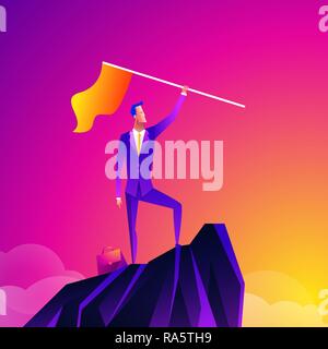 Business leader vector concept with businessman planting flag on top of mountain. Symbol of success, achievement victory, top career and leadership. Eps10 vector illustration. Top manager talent. Stock Vector