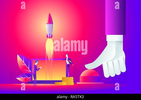 Business concept illustration of a businessman hand pushing start button, start up, war concept. Stock Vector