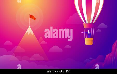 Businessman standing on Balloon looking with the binocular go to red flag on sky between mountain. go to business success goal. creative idea. leadership. illustration vector. Stock Vector
