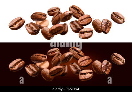 Falling coffee beans isolated on white and black background Stock Photo