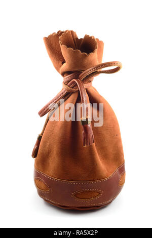 brown suede pouch on white background, vertical Stock Photo