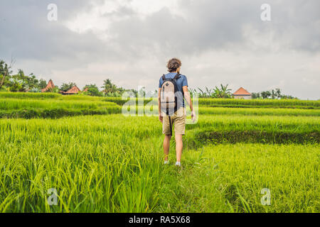 Young man on Green cascade rice field plantation. Bali, Indonesia Stock Photo