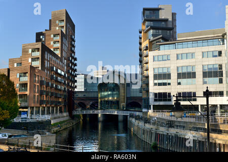 River Aire and train station, Leeds, West Yorkshire, UK Stock Photo