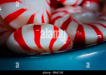Peppermint candy sits in a blue bowl, Dec. 31, 2018, in Coden, Alabama. Stock Photo