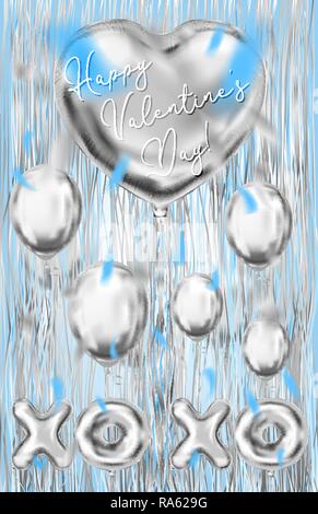 Silver foil heart shape and XOXO balloons on the metallic fringe curtains shimmer curtain. Design for Valentine postcard, ice blue background Stock Vector