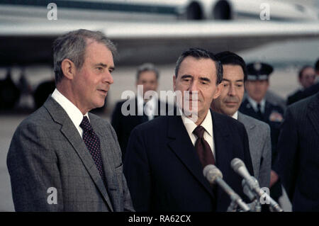 1977 - Soviet Foreign Minister Andrei Gromyko (right) is welcomed by Secretary of State Cyrus Vance as he arrives for a visit. Stock Photo