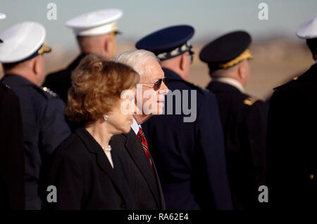 2007 - Former president Jimmy Carter and former First Lady Rosalynn Carter bid a final farewell to former President Gerald R. Ford, the 38th president of the United States, during a military departure ceremony held in his honor at Andrews Air Force Base, Md., J an. 2, 2007. Stock Photo