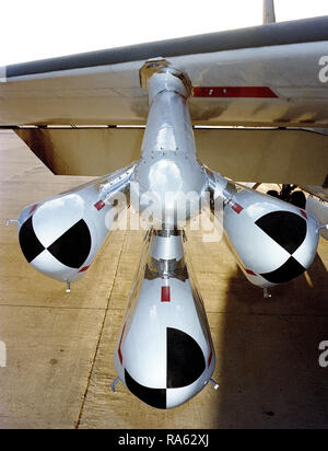 1979 - A close-up view of a AGM-109 Tomahawk air-launched cruise missile loaded on a B-52 Stratofortress aircraft. Stock Photo