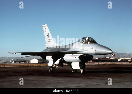 1979 - Front view of an F-16 Fighting Falcon aircraft from Tactical Fighter Weapons Center Det.1, parked on the flight line. Stock Photo