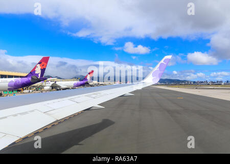 Honolulu, Hawaii - Dec 22, 2018 : Jet airplanes of Hawaiian Airlines at Honolulu International Airport Stock Photo