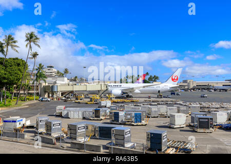Honolulu, Hawaii - Dec 22, 2018 : Jet airplanes of Hawaiian Airlines and Japan Airlines at Honolulu International Airport Stock Photo
