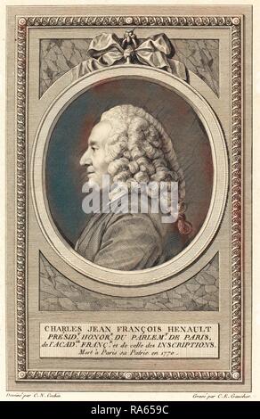 Charles-Etienne Gaucher after Charles-Nicolas Cochin II, French (1741-1804), Charles Jean Francois Henault, engraving reimagined Stock Photo